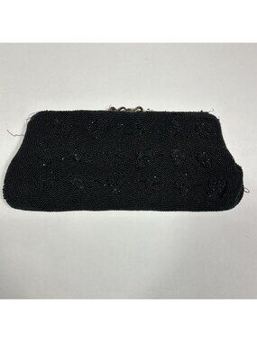 Vtg Walborg Made In Belgium by Hand Shiny Black Beaded Clutch Evening Purse Flaw